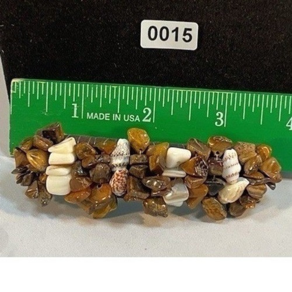 Tigers Eye Stone and Shell Chip Hair Barrette French Clip Boho Earthy 4 Inch